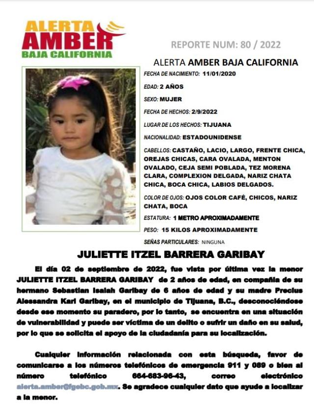 ALERTA AMBER BAJA CALIFORNIA JULIETTE ITZEL BARRERA GARIBAY Y SEBASTIÁN